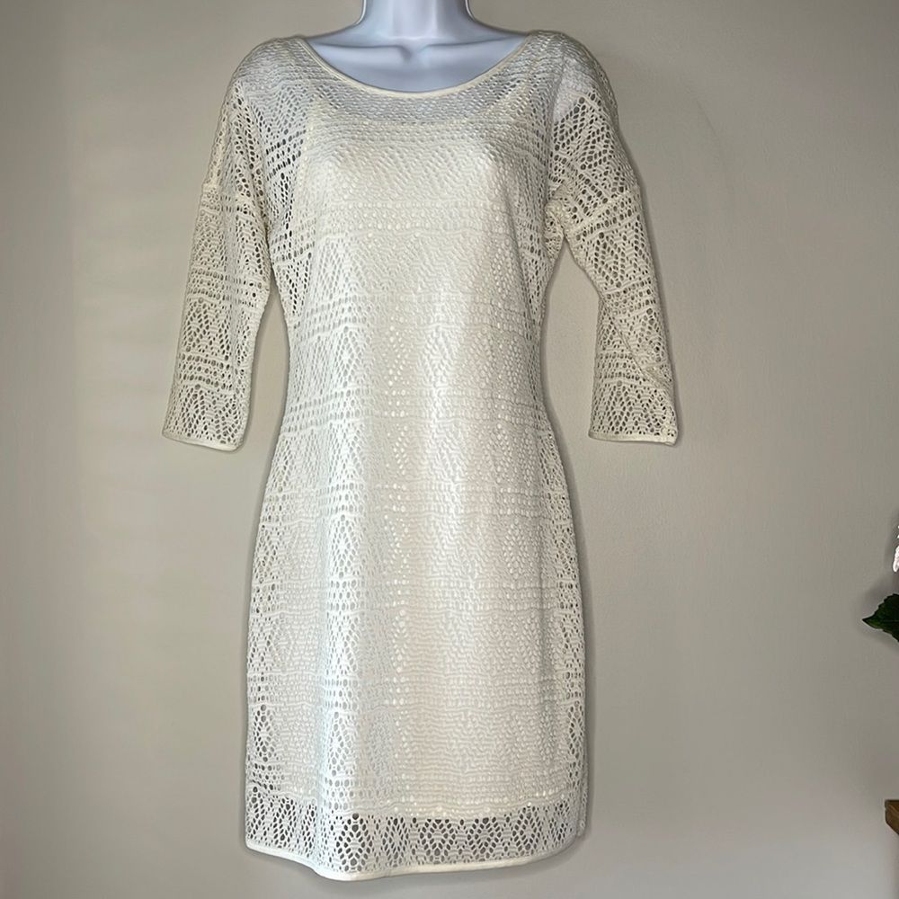 EXPRESS Crochet Eyelet White& Cream Quarter Sleeved Lined Dress